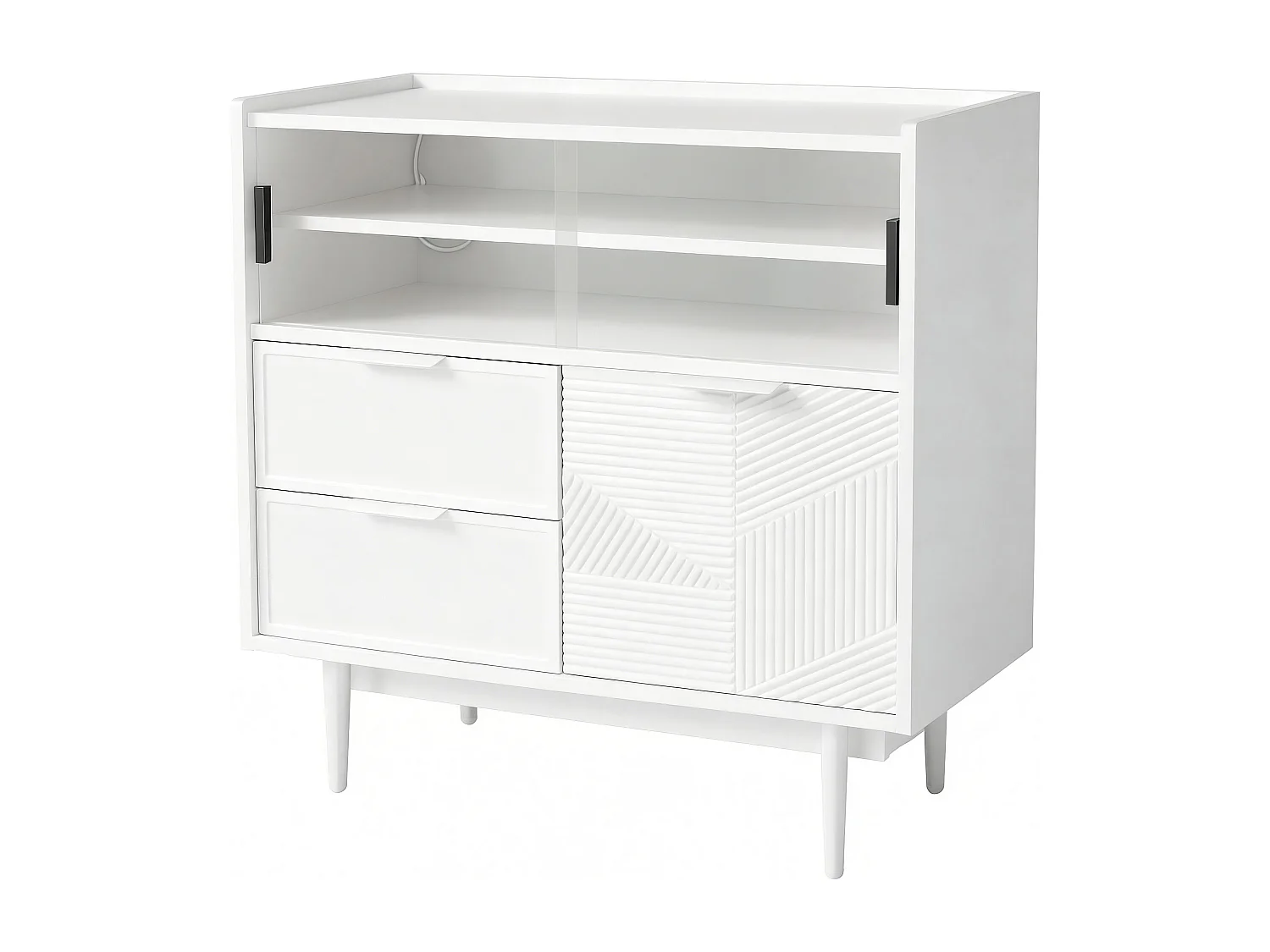 Buffet moderne - 80 x 35 x 80 cm - avec 2 tiroirs + 1 porte en bois + 2 portes coulissantes en verre - MDF - blanc