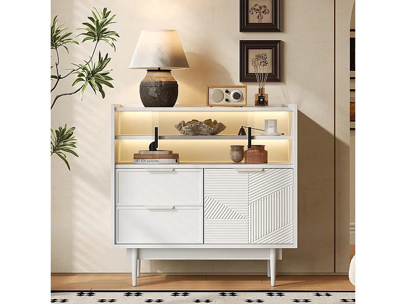 Buffet moderne - 80 x 35 x 80 cm - avec 2 tiroirs + 1 porte en bois + 2 portes coulissantes en verre - MDF - blanc