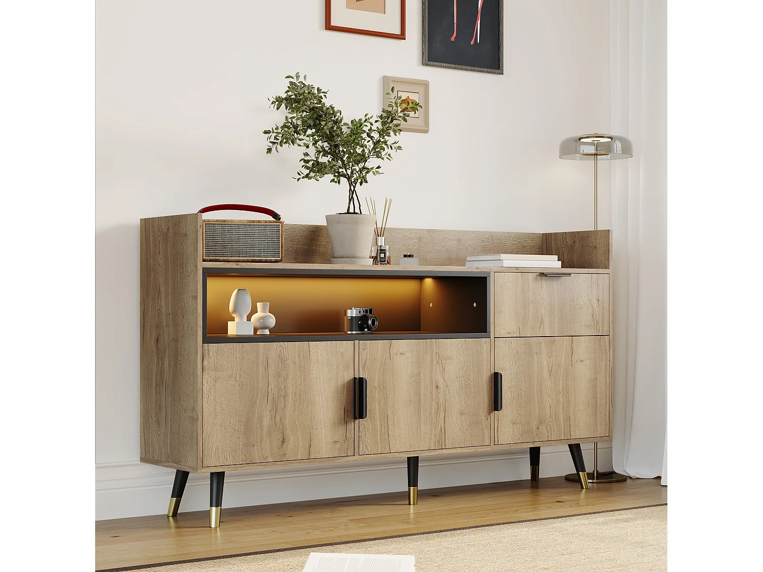 Modern minimalistisch dressoir - 160 x 35 x 82 cm - met open planken + 1 lade + 3 deuren + LED-verlichting - hout - naturel