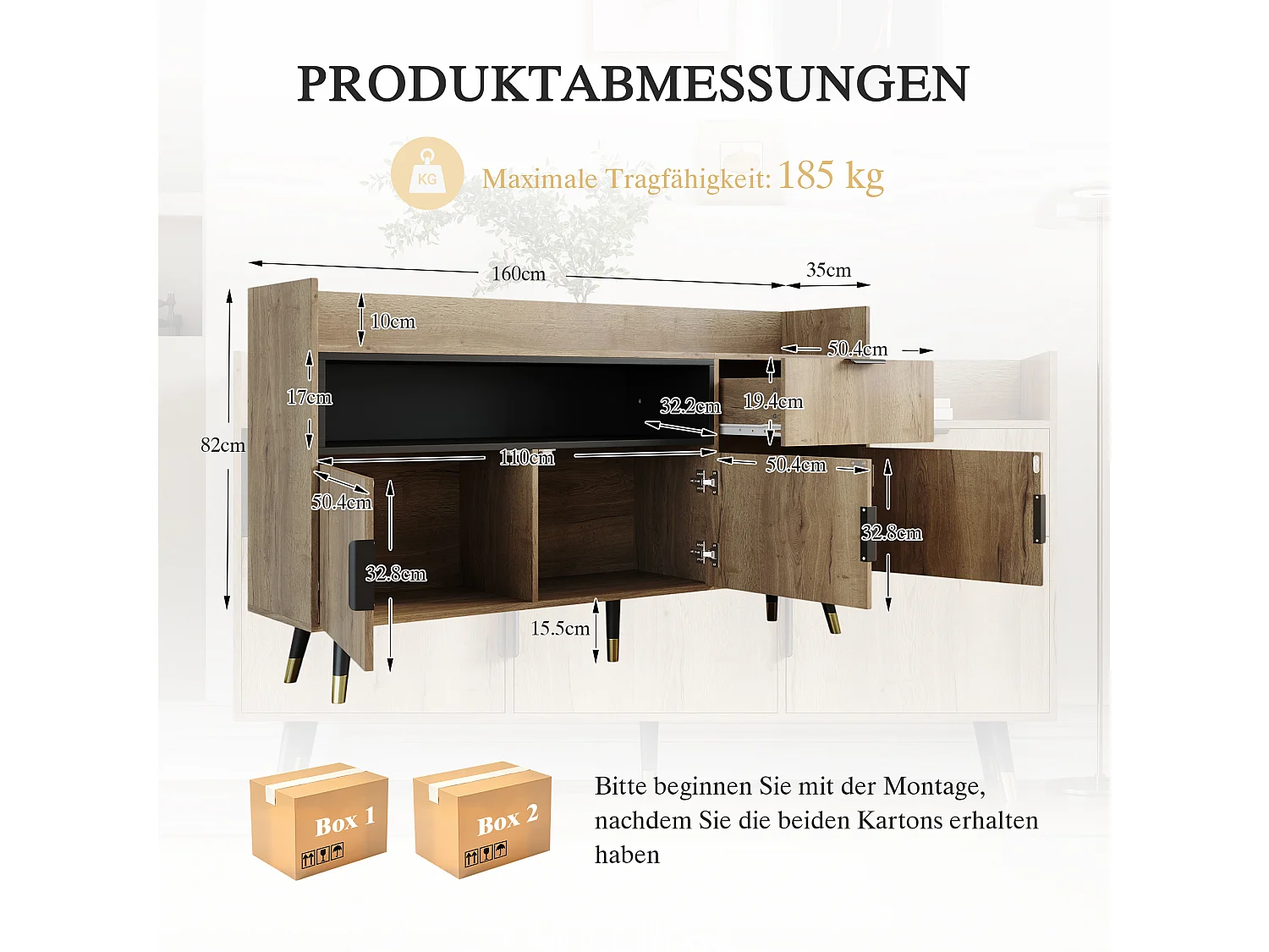 Modern minimalistisch dressoir - 160 x 35 x 82 cm - met open planken + 1 lade + 3 deuren + LED-verlichting - hout - naturel