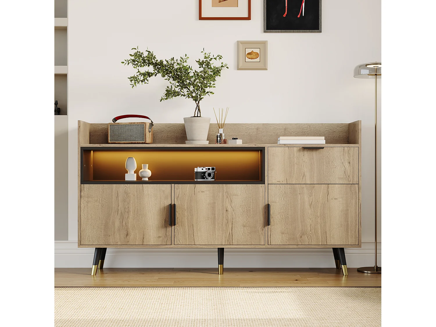 Modern minimalistisch dressoir - 160 x 35 x 82 cm - met open planken + 1 lade + 3 deuren + LED-verlichting - hout - naturel