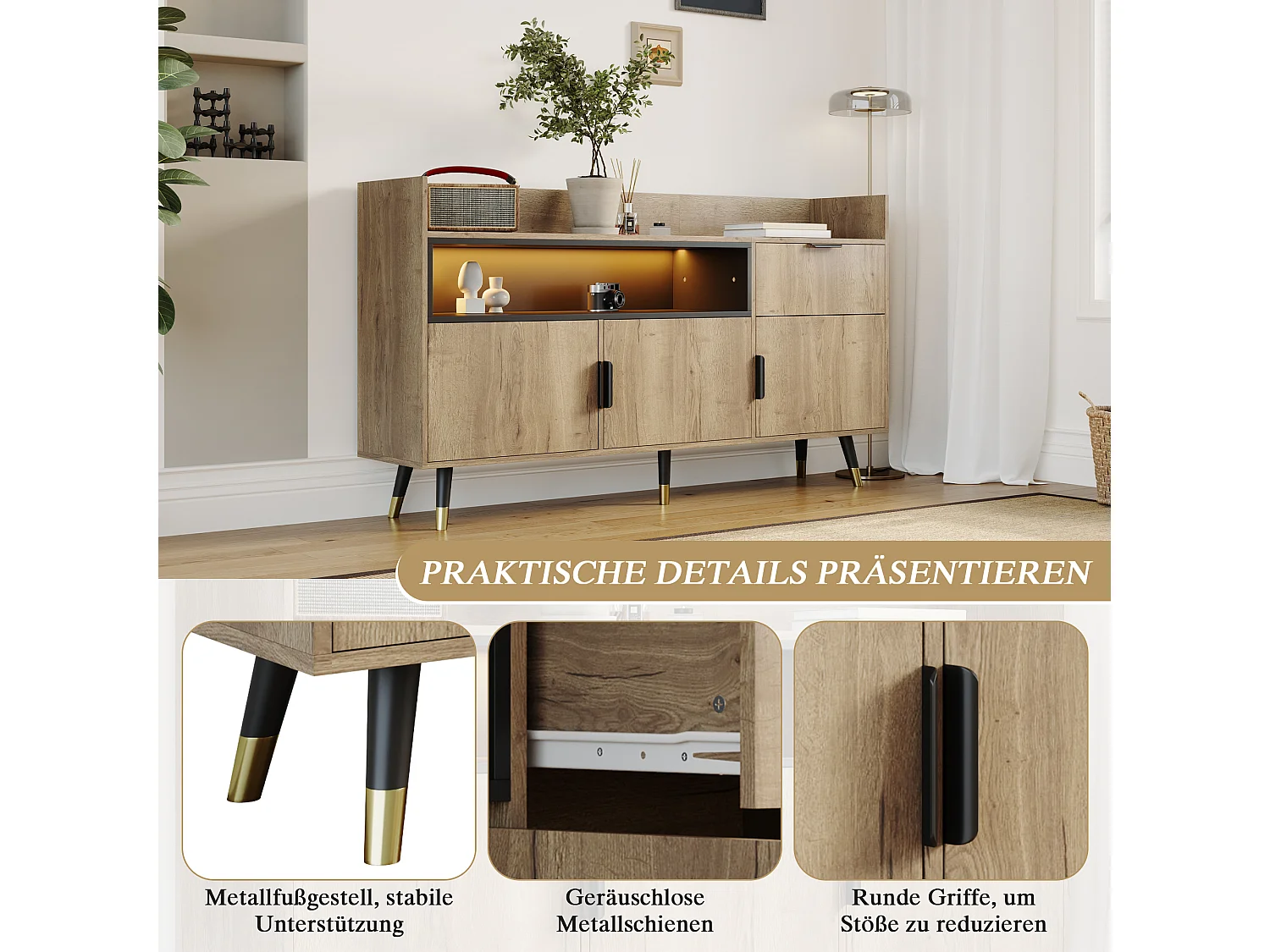 Modern minimalistisch dressoir - 160 x 35 x 82 cm - met open planken + 1 lade + 3 deuren + LED-verlichting - hout - naturel