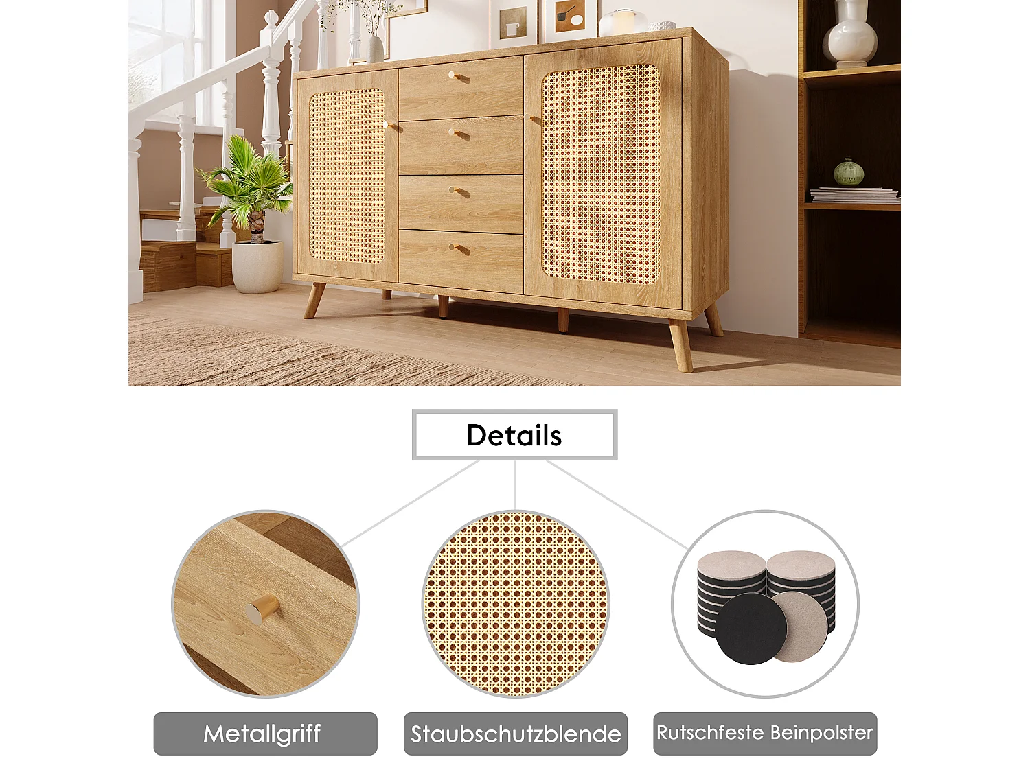 Dressoir met rotanlook voor de woonkamer - 140 x 40 x 86 cm - met 4 lades + 2 deuren + verstelbare planken - hout - licht naturel