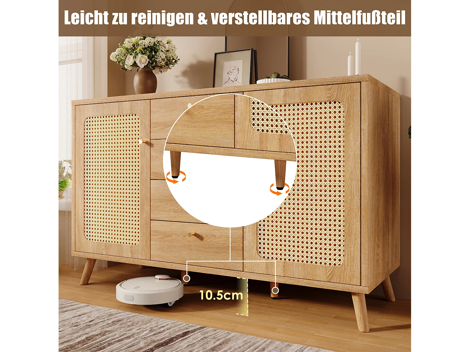 Dressoir met rotanlook voor de woonkamer - 140 x 40 x 86 cm - met 4 lades + 2 deuren + verstelbare planken - hout - licht naturel