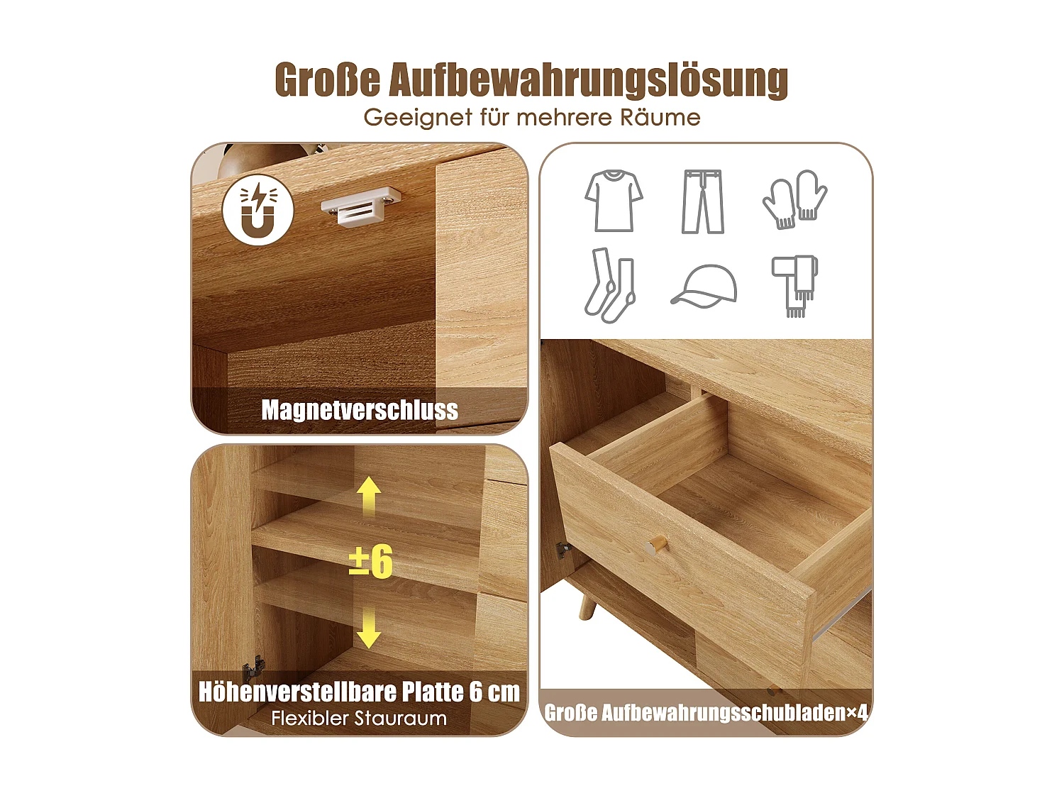 Dressoir met rotanlook voor de woonkamer - 140 x 40 x 86 cm - met 4 lades + 2 deuren + verstelbare planken - hout - licht naturel