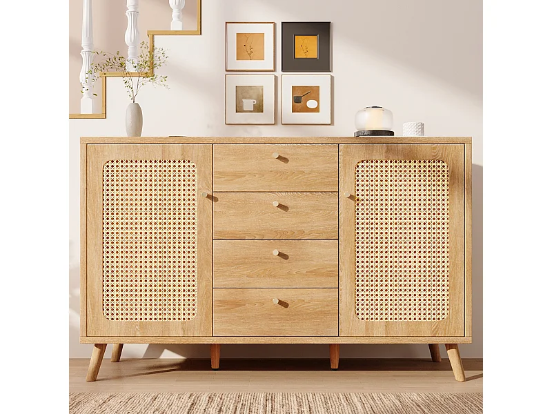 Dressoir met rotanlook voor de woonkamer - 140 x 40 x 86 cm - met 4 lades + 2 deuren + verstelbare planken - hout - licht naturel