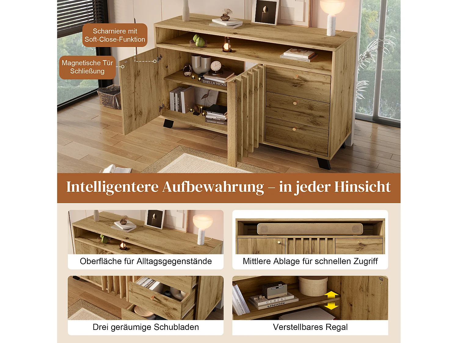 Buffet style vintage pour salon - 120 x 40 x 85 cm - avec 3 tiroirs + 2 portes + étagère ouvert + façade à lattes - bois - naturel foncé