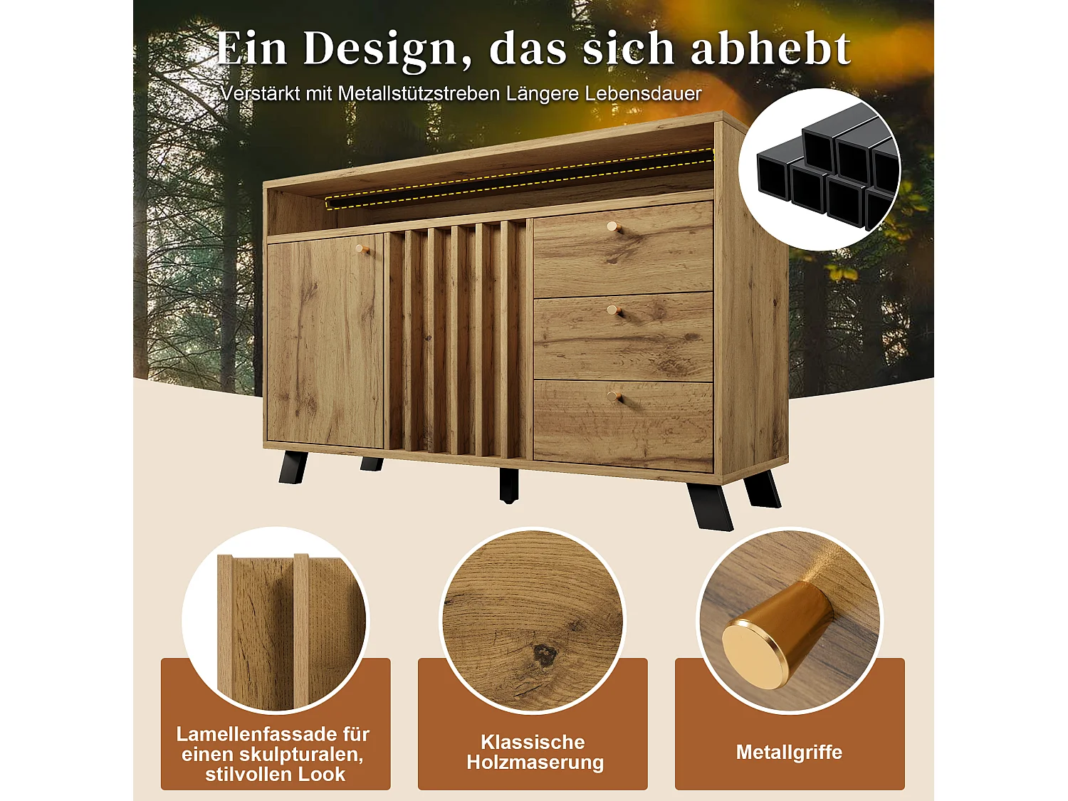 Buffet style vintage pour salon - 120 x 40 x 85 cm - avec 3 tiroirs + 2 portes + étagère ouvert + façade à lattes - bois - naturel foncé