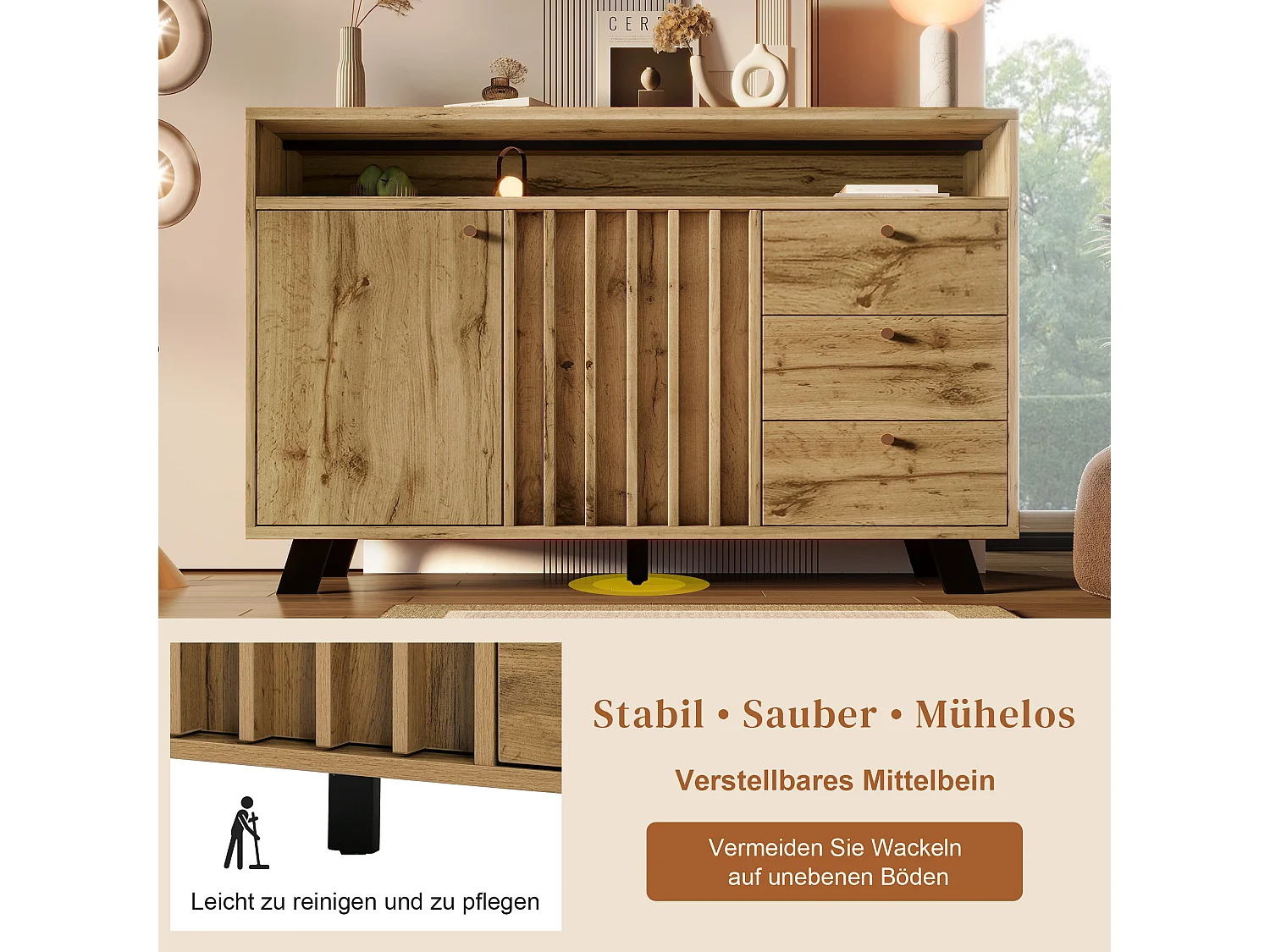 Buffet style vintage pour salon - 120 x 40 x 85 cm - avec 3 tiroirs + 2 portes + étagère ouvert + façade à lattes - bois - naturel foncé