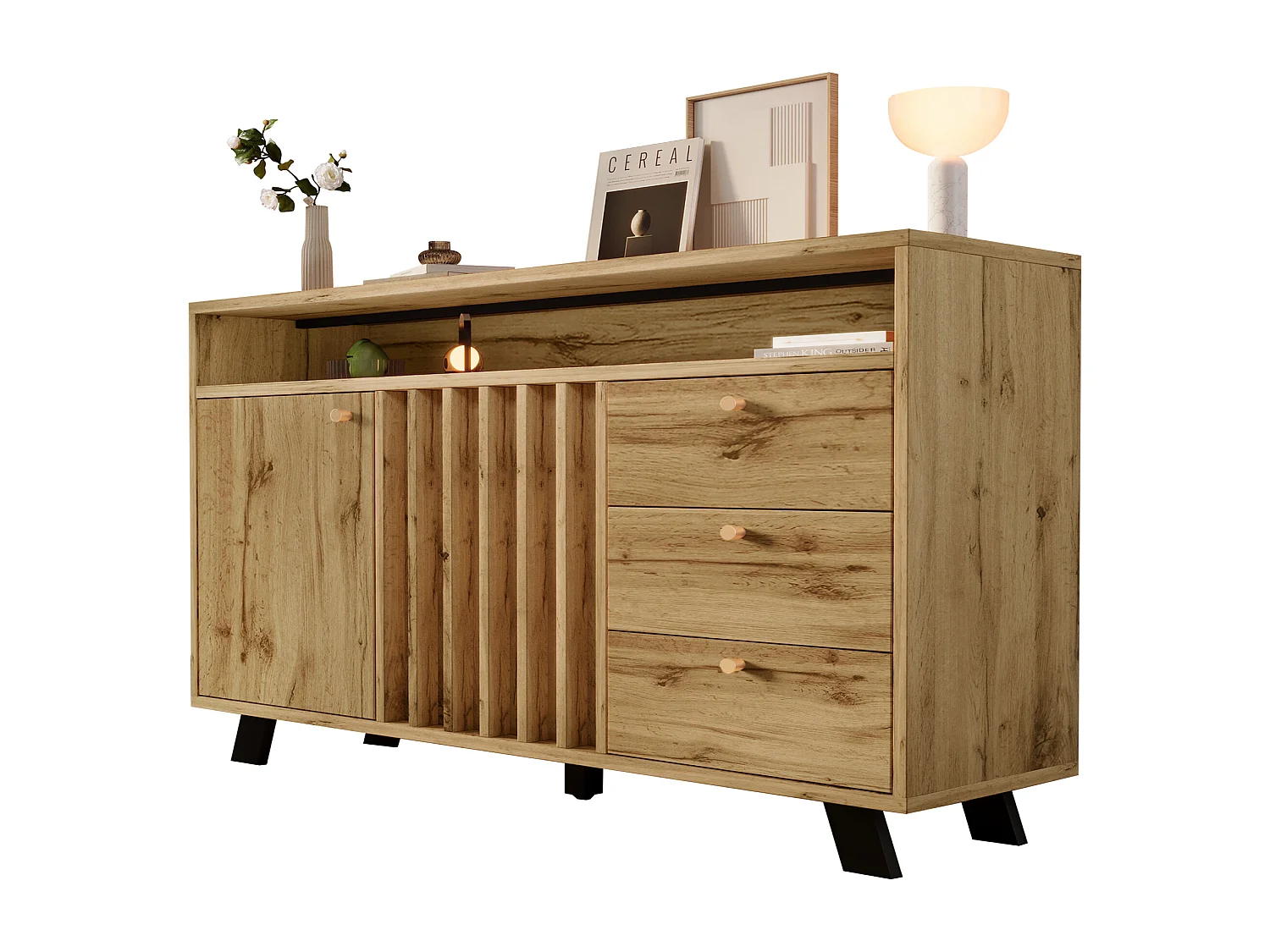 Buffet style vintage pour salon - 120 x 40 x 85 cm - avec 3 tiroirs + 2 portes + étagère ouvert + façade à lattes - bois - naturel foncé