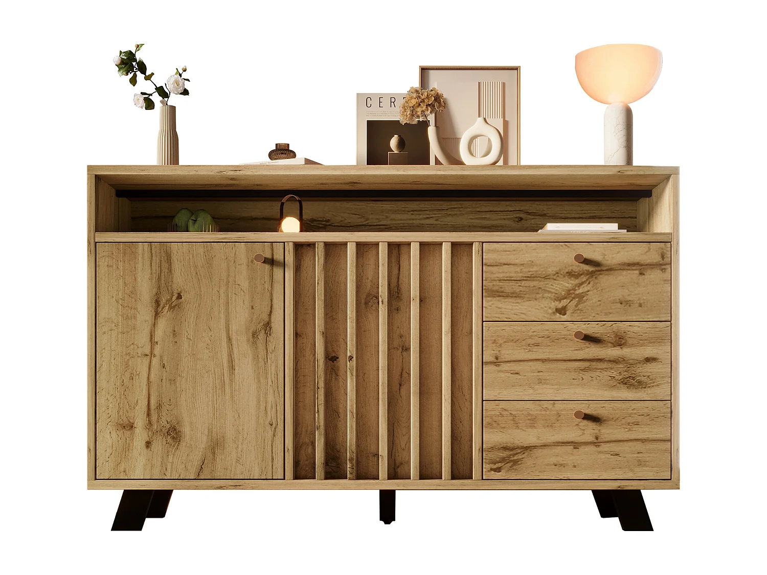 Buffet style vintage pour salon - 120 x 40 x 85 cm - avec 3 tiroirs + 2 portes + étagère ouvert + façade à lattes - bois - naturel foncé