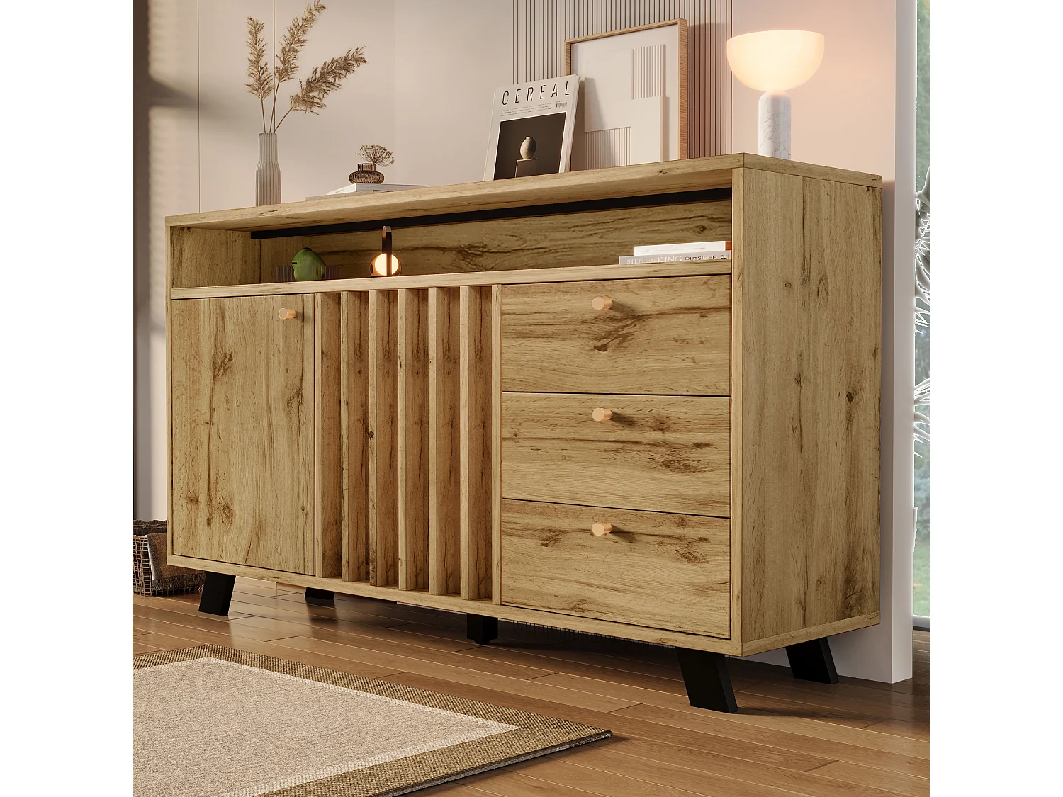 Buffet style vintage pour salon - 120 x 40 x 85 cm - avec 3 tiroirs + 2 portes + étagère ouvert + façade à lattes - bois - naturel foncé