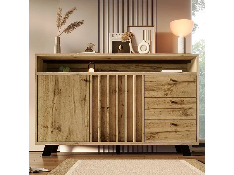 Buffet style vintage pour salon - 120 x 40 x 85 cm - avec 3 tiroirs + 2 portes + étagère ouvert + façade à lattes - bois - naturel foncé