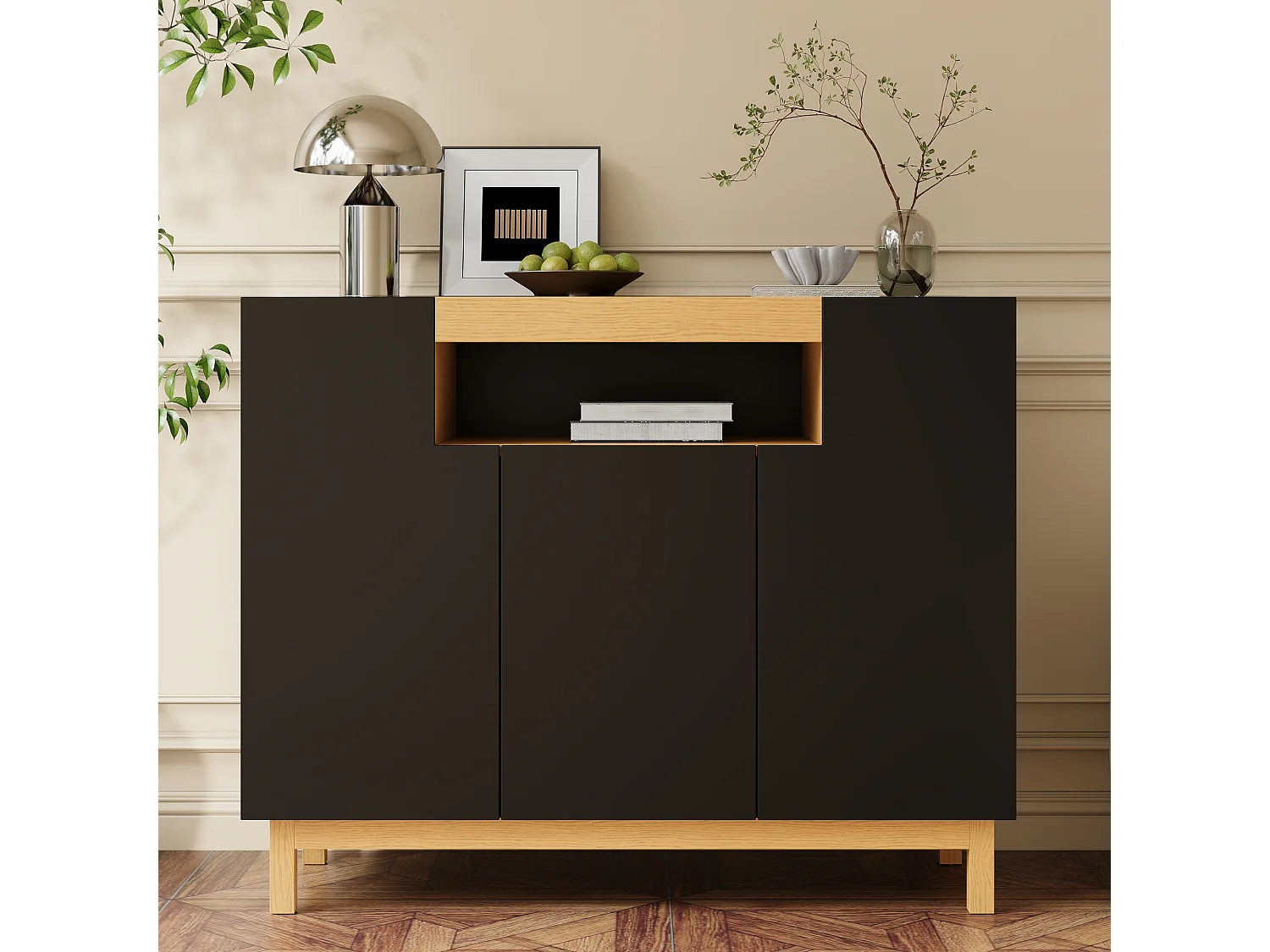 Nowoczesna komoda do salonu - 120,5 x 42 x 96 cm - z 3 drzwiami + półki - płyta wiórowa - czarna