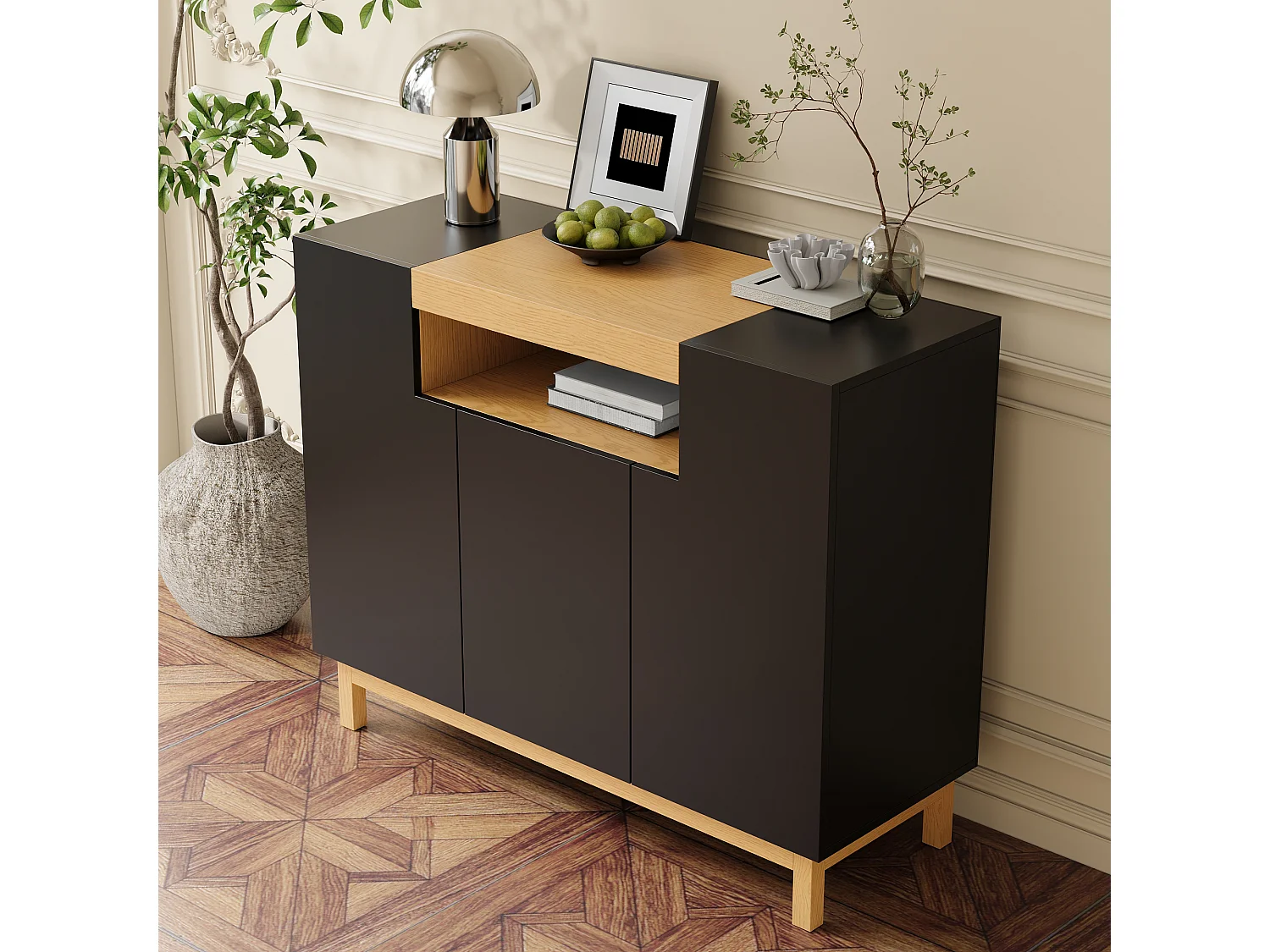 Nowoczesna komoda do salonu - 120,5 x 42 x 96 cm - z 3 drzwiami + półki - płyta wiórowa - czarna