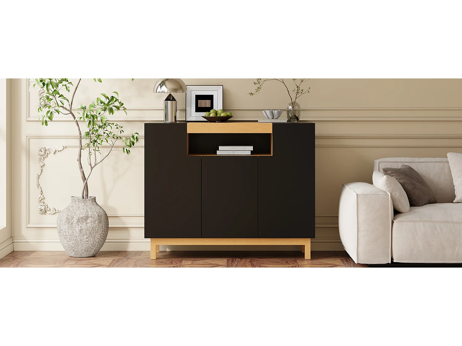 Nowoczesna komoda do salonu - 120,5 x 42 x 96 cm - z 3 drzwiami + półki - płyta wiórowa - czarna