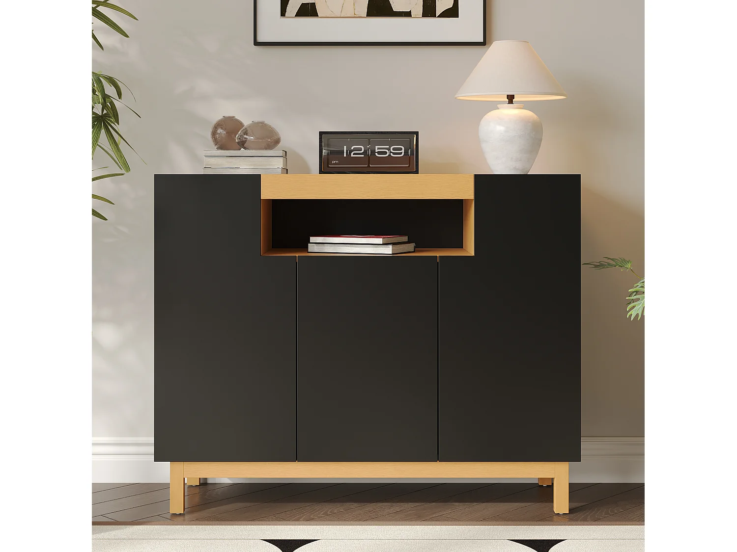 Nowoczesna komoda do salonu - 120,5 x 42 x 96 cm - z 3 drzwiami + półki - płyta wiórowa - czarna