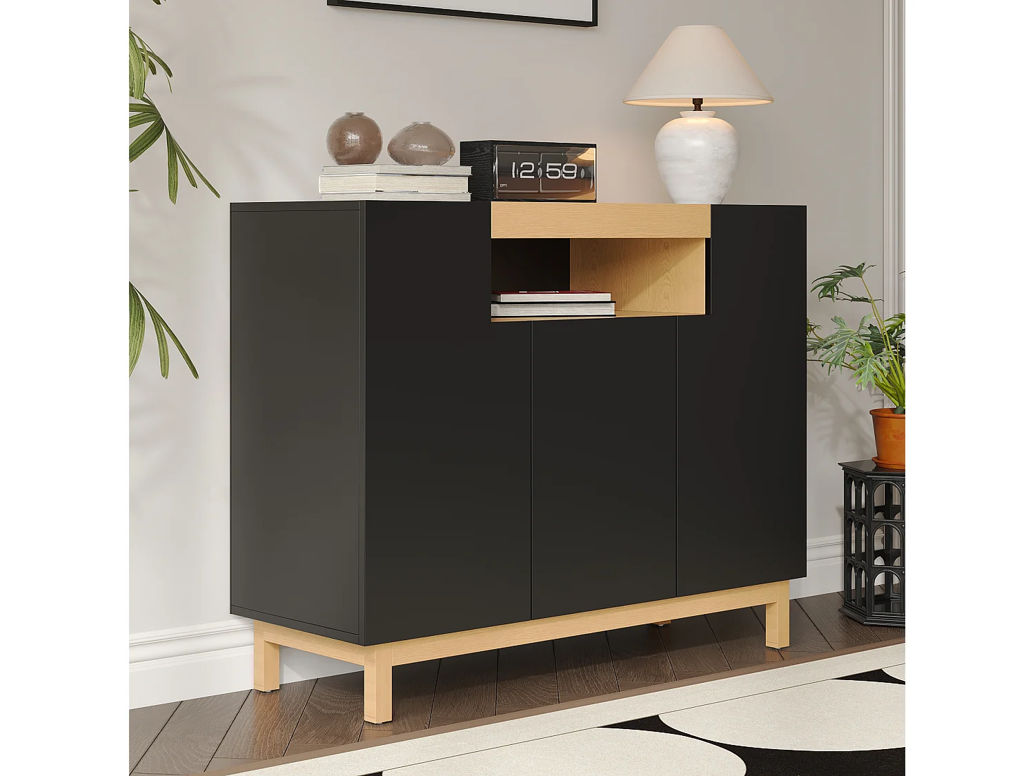 Nowoczesna komoda do salonu - 120,5 x 42 x 96 cm - z 3 drzwiami + półki - płyta wiórowa - czarna