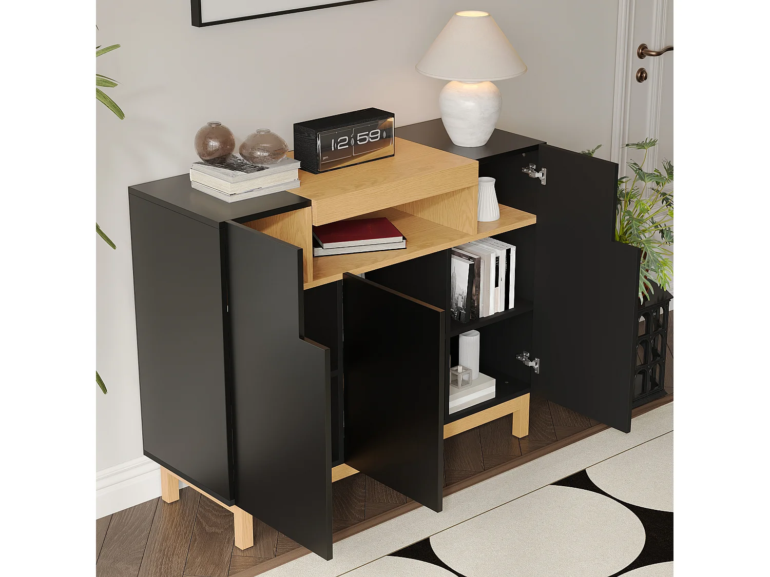 Nowoczesna komoda do salonu - 120,5 x 42 x 96 cm - z 3 drzwiami + półki - płyta wiórowa - czarna