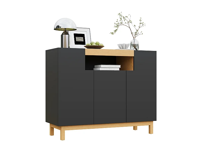 Nowoczesna komoda do salonu - 120,5 x 42 x 96 cm - z 3 drzwiami + półki - płyta wiórowa - czarna