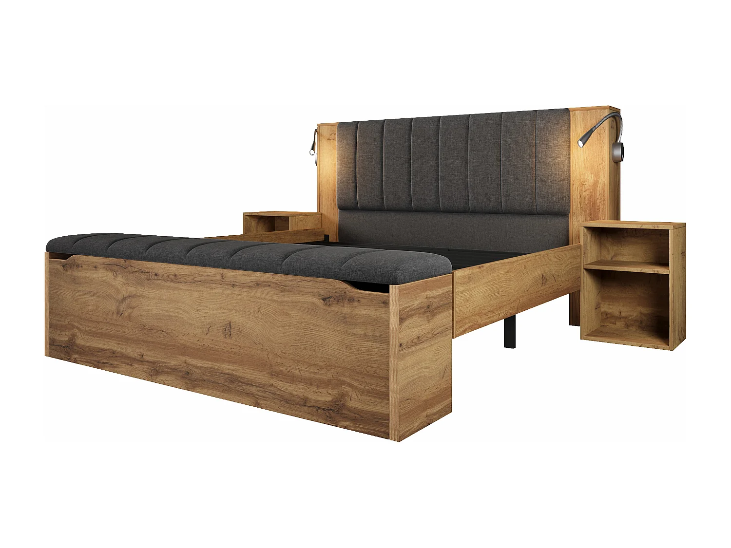 Lit adulte 180×200cm - avec lampe de lecture + prises chargement + banquette de rangement - avec 2 tables de chevet - Naturel