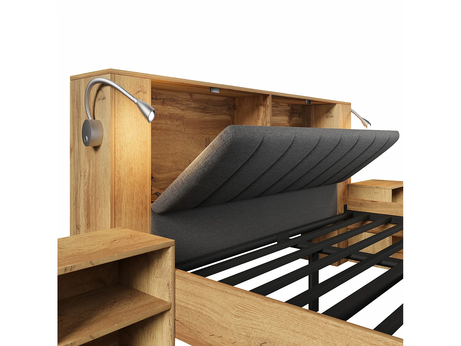 Lit adulte 180×200cm - avec lampe de lecture + prises chargement + banquette de rangement - avec 2 tables de chevet - Naturel