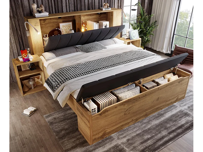 Lit adulte 180×200cm - avec lampe de lecture + prises chargement + banquette de rangement - avec 2 tables de chevet - Naturel