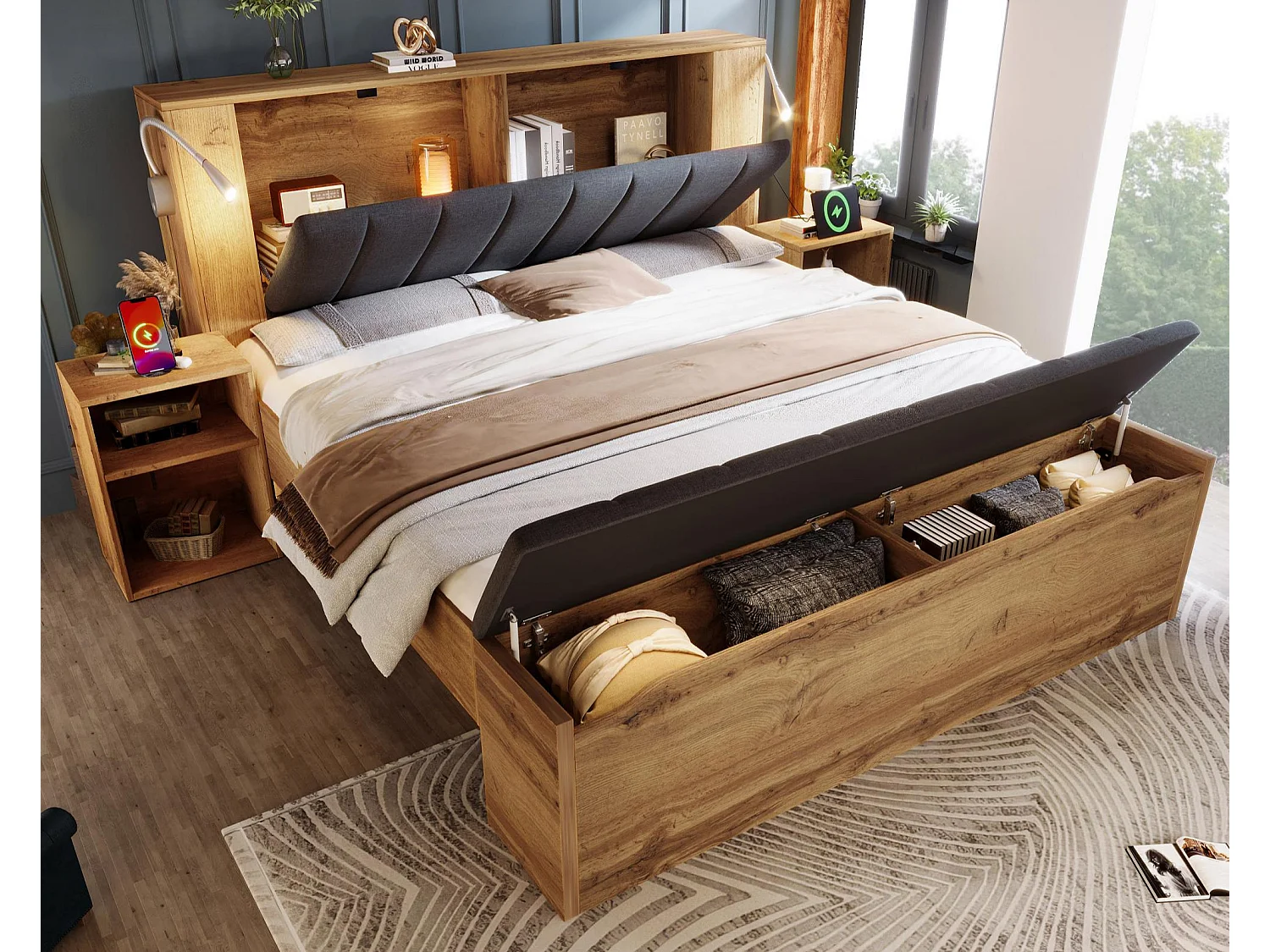 Lit adulte 160×200cm - avec lampe de lecture + prises chargement + banquette de rangement - avec 2 tables de chevet - Naturel