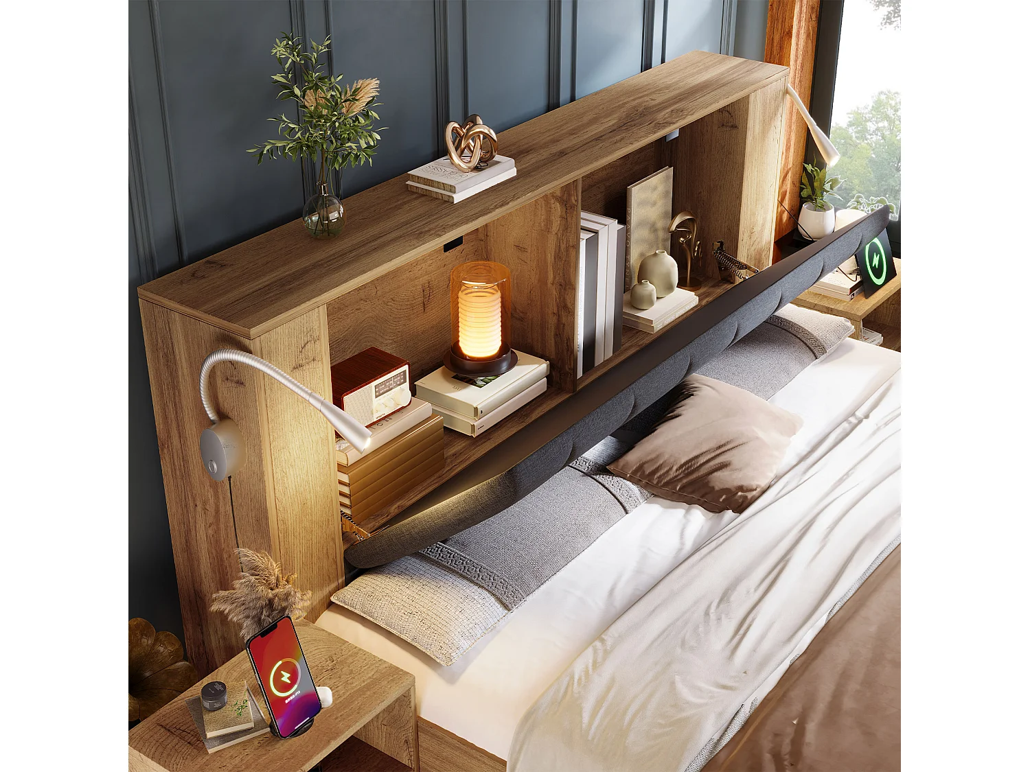 Lit adulte 160×200cm - avec lampe de lecture + prises chargement + banquette de rangement - avec 2 tables de chevet - Naturel