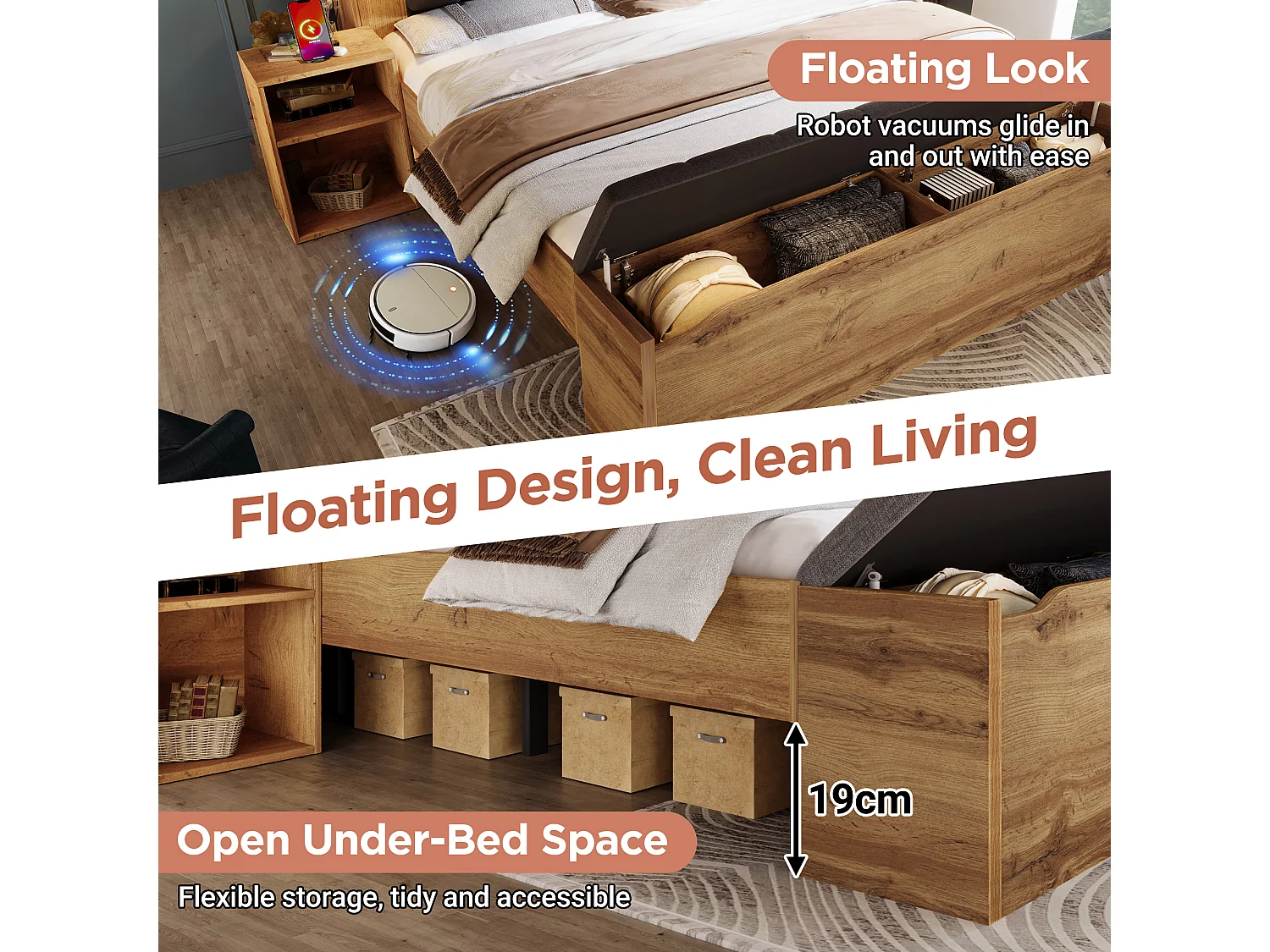 Lit adulte 160×200cm - avec lampe de lecture + prises chargement + banquette de rangement - avec 2 tables de chevet - Naturel