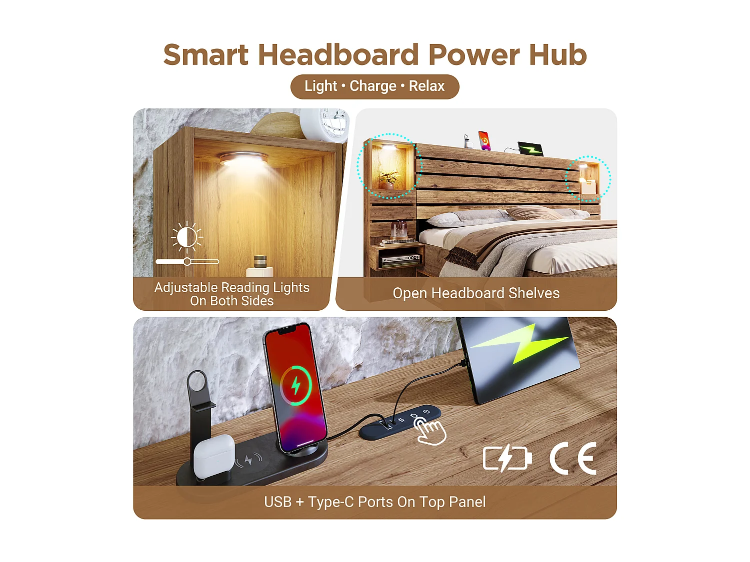 Lit adulte 160×200cm en bois + MDF - avec table de chevet suspendue - avec LED + prises chargement - avec espace de rangement - Naturel