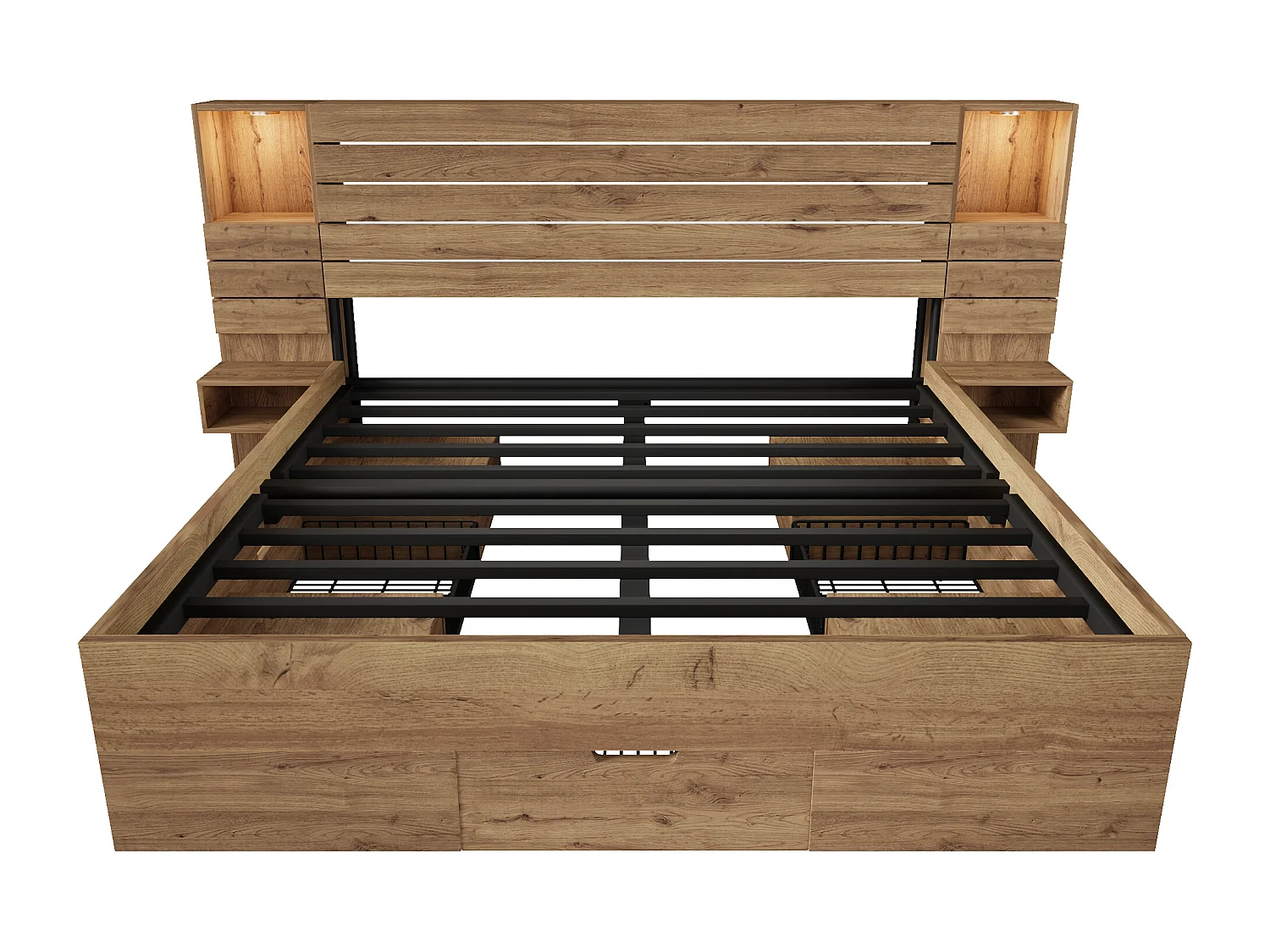 Lit adulte 160×200cm en bois + MDF - avec table de chevet suspendue - avec LED + prises chargement - avec espace de rangement - Naturel