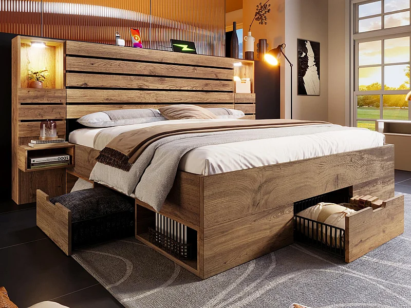 Lit adulte 160×200cm en bois + MDF - avec table de chevet suspendue - avec LED + prises chargement - avec espace de rangement - Naturel