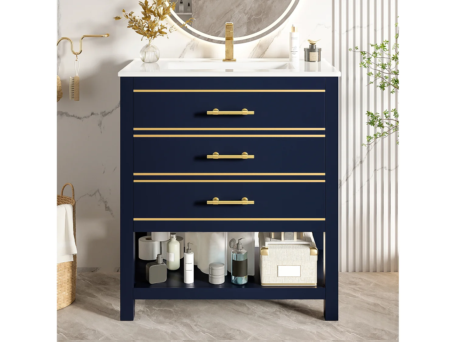 Szafka łazienkowa pod umywalkę - 66 x 46,5 x 86 cm - z ceramiczną umywalką + 2 szufladami + otwartą półką - MDF - niebieski + złoty