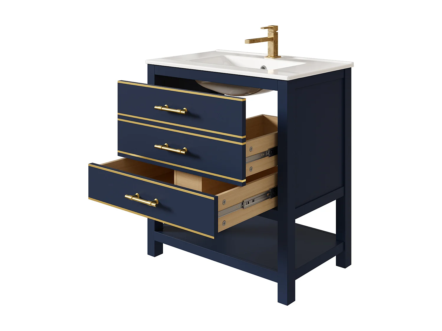 Szafka łazienkowa pod umywalkę - 66 x 46,5 x 86 cm - z ceramiczną umywalką + 2 szufladami + otwartą półką - MDF - niebieski + złoty