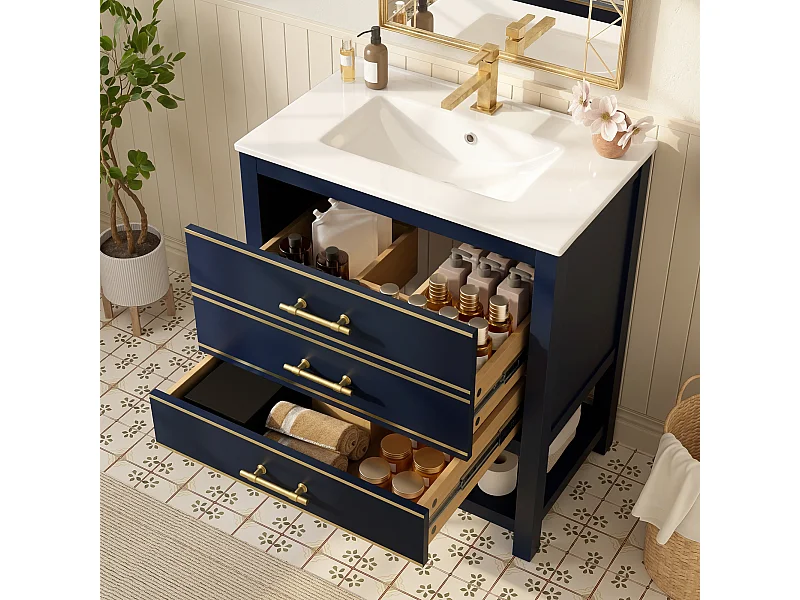 Badezimmer-Waschtisch – 66 x 46,5 x 86 cm – mit Keramikwaschbecken, 2 Schubladen und offenem Regal – MDF – blau + gold