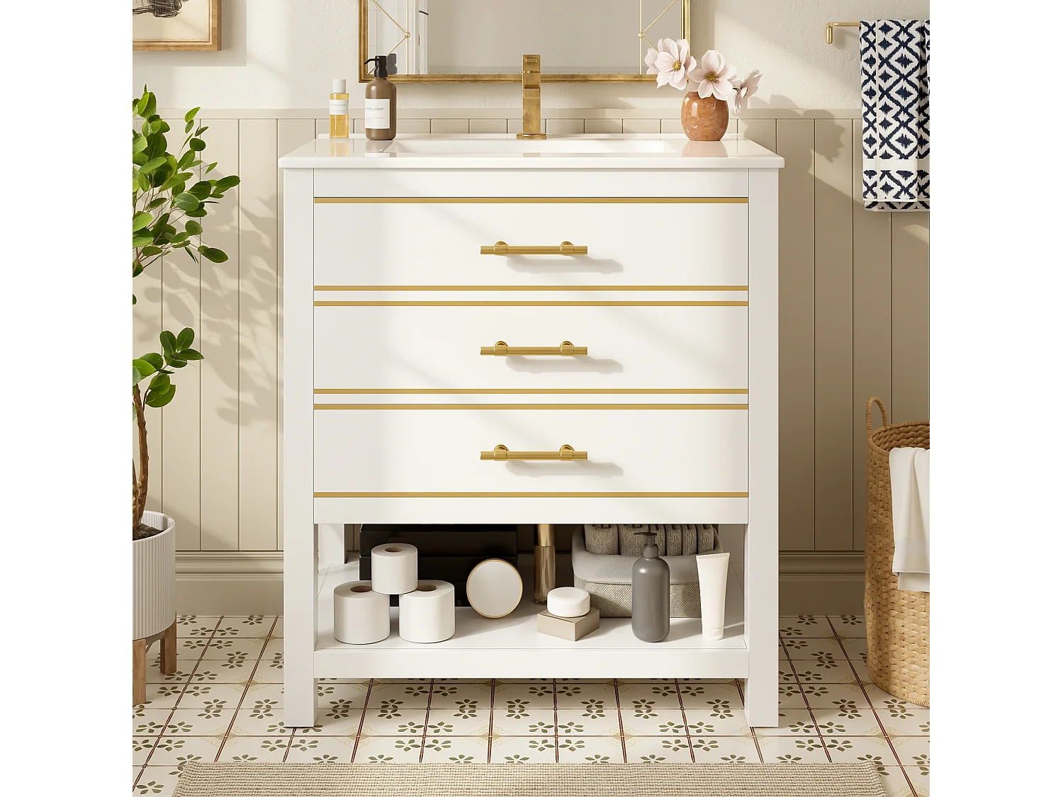 Meuble de salle de bain - 76 x 46.5 x 86 cm - avec vasque en céramique + 2 tiroirs + étagère ouvert - MDF - blanc + doré