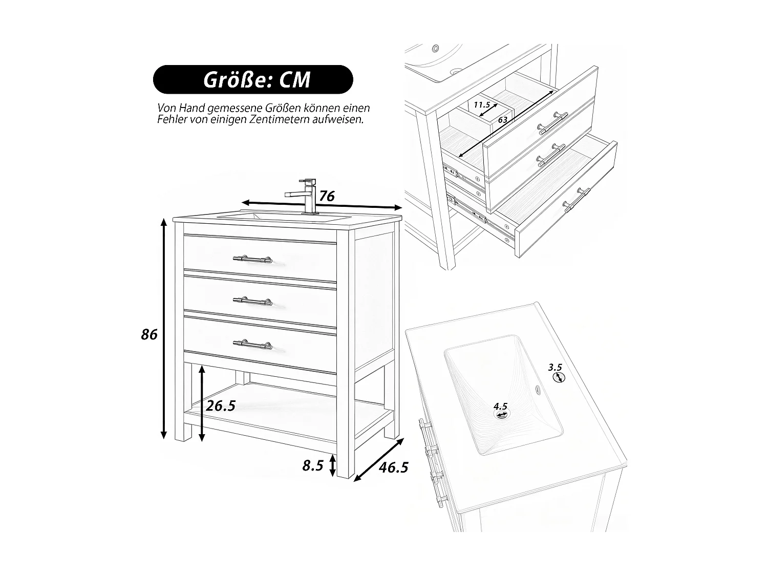 Meuble de salle de bain - 76 x 46.5 x 86 cm - avec vasque en céramique + 2 tiroirs + étagère ouvert - MDF - blanc + doré