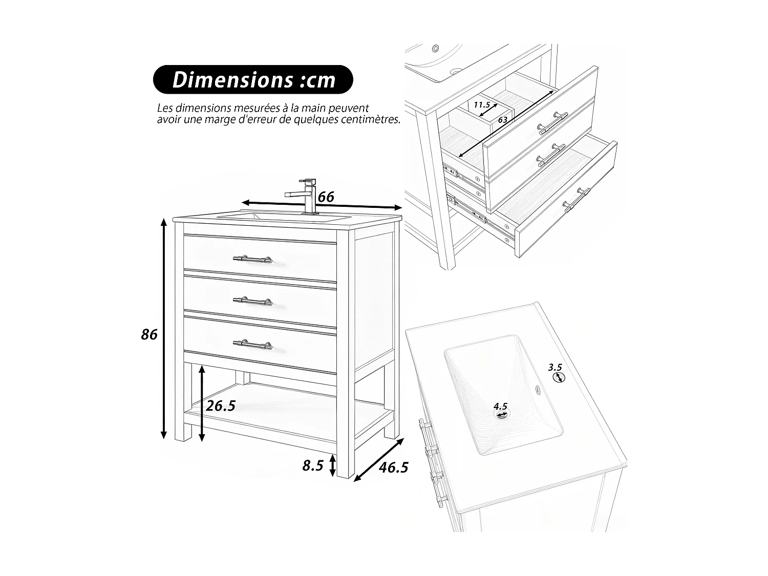 Meuble de salle de bain - 76 x 46.5 x 86 cm - avec vasque en céramique + 2 tiroirs + étagère ouvert - MDF - blanc + doré