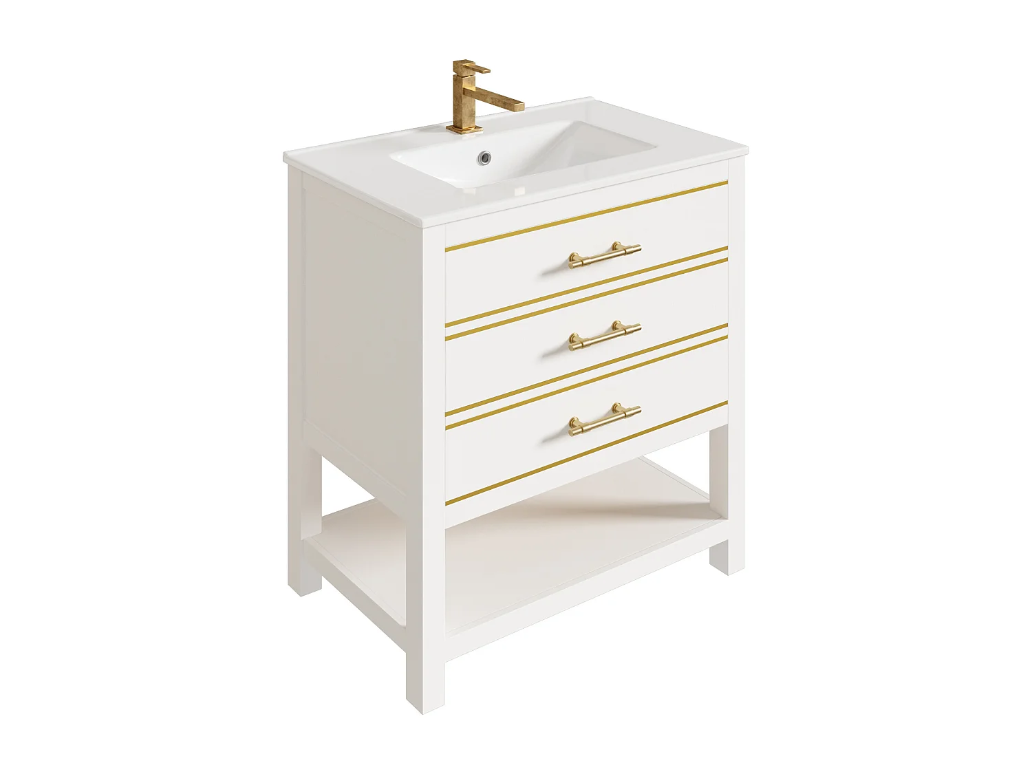 Meuble de salle de bain - 76 x 46.5 x 86 cm - avec vasque en céramique + 2 tiroirs + étagère ouvert - MDF - blanc + doré