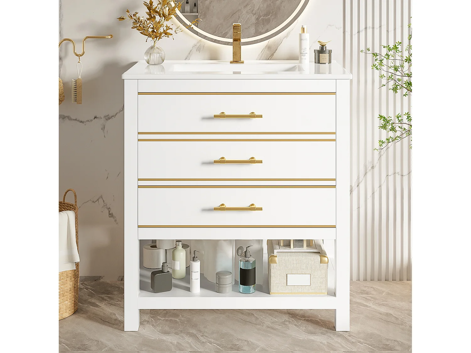 Meuble de salle de bain - 76 x 46.5 x 86 cm - avec vasque en céramique + 2 tiroirs + étagère ouvert - MDF - blanc + doré