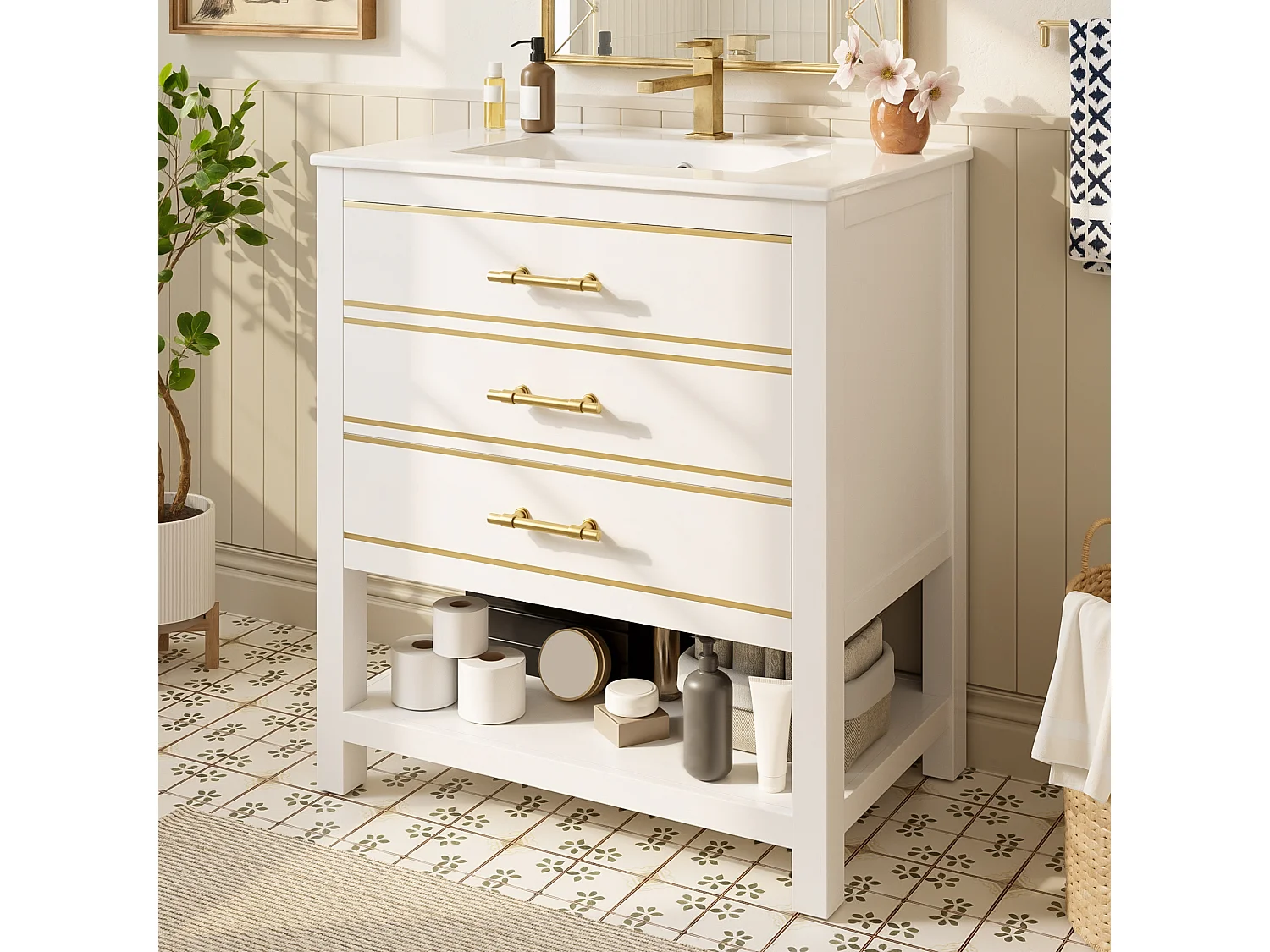 Meuble de salle de bain - 76 x 46.5 x 86 cm - avec vasque en céramique + 2 tiroirs + étagère ouvert - MDF - blanc + doré