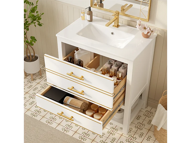 Badezimmer-Waschtisch – 76 x 46,5 x 86 cm – mit Keramikwaschbecken, 2 Schubladen und offenem Regal – MDF – weiß + gold