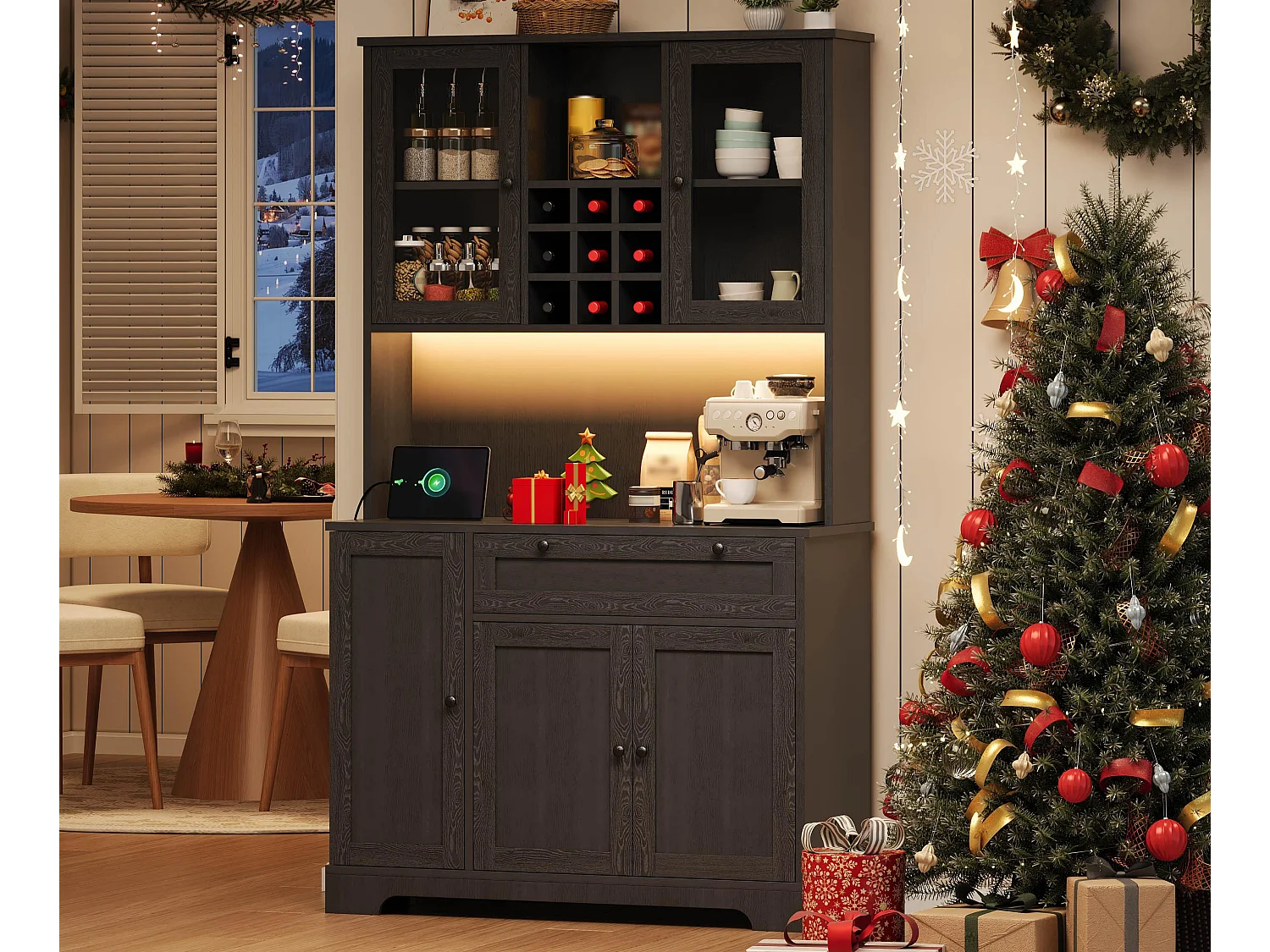 Modernes Küchenbuffet 100x40x180cm - mit Steckdose und LED - mit 1 Schublade und 5 Türen - mit Gewürzregal - Schwarz