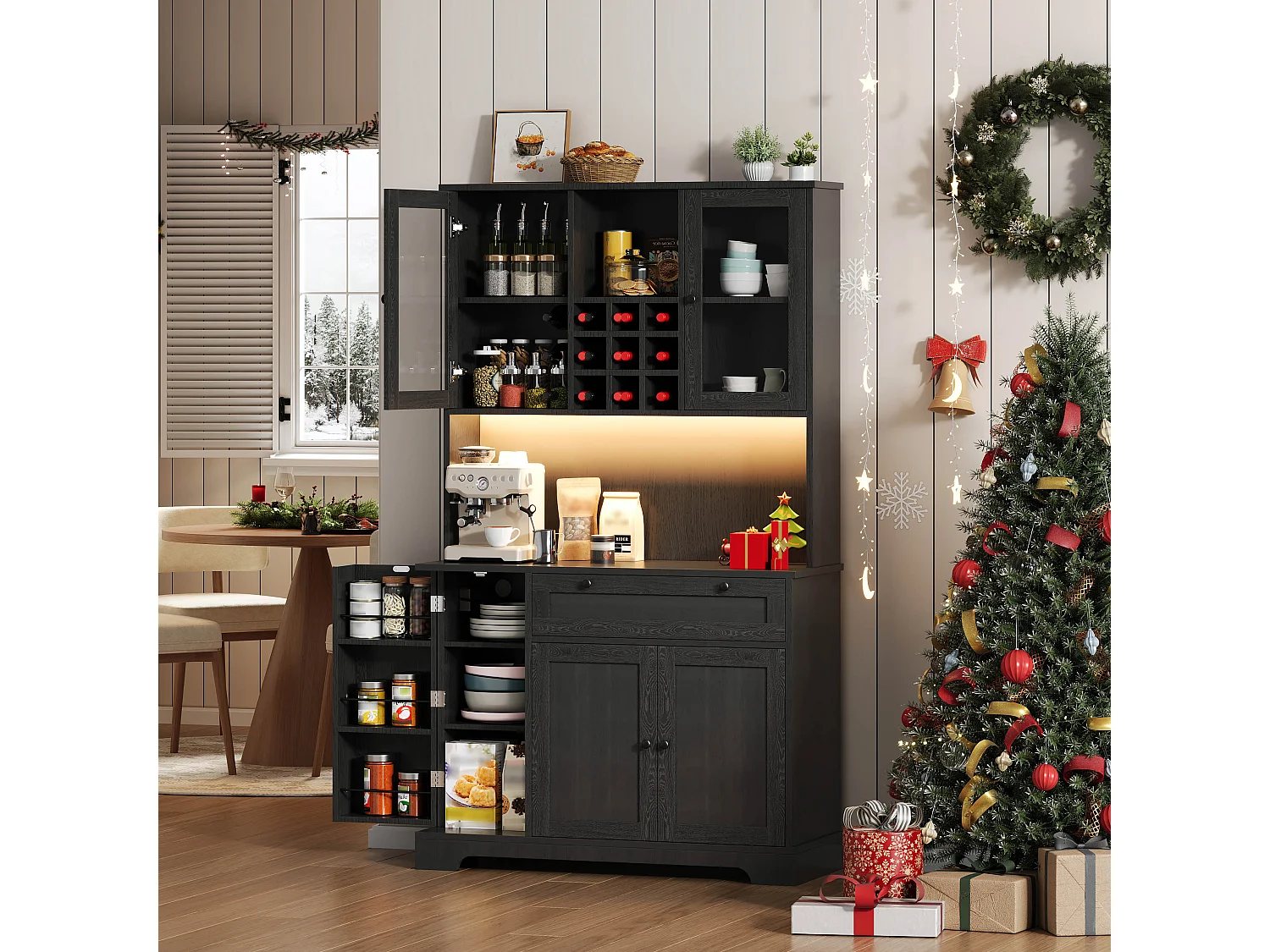 Modernes Küchenbuffet 100x40x180cm - mit Steckdose und LED - mit 1 Schublade und 5 Türen - mit Gewürzregal - Schwarz