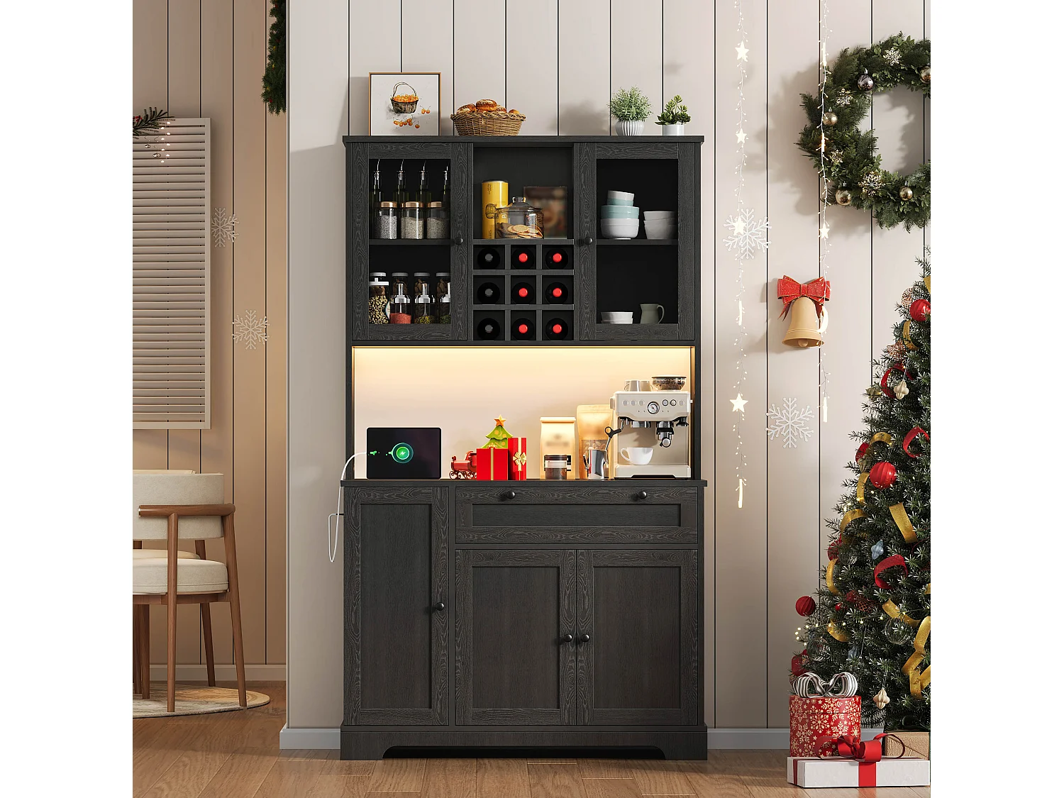 Modernes Küchenbuffet 100x40x180cm - mit Steckdose und LED - mit 1 Schublade und 5 Türen - mit Gewürzregal - Schwarz