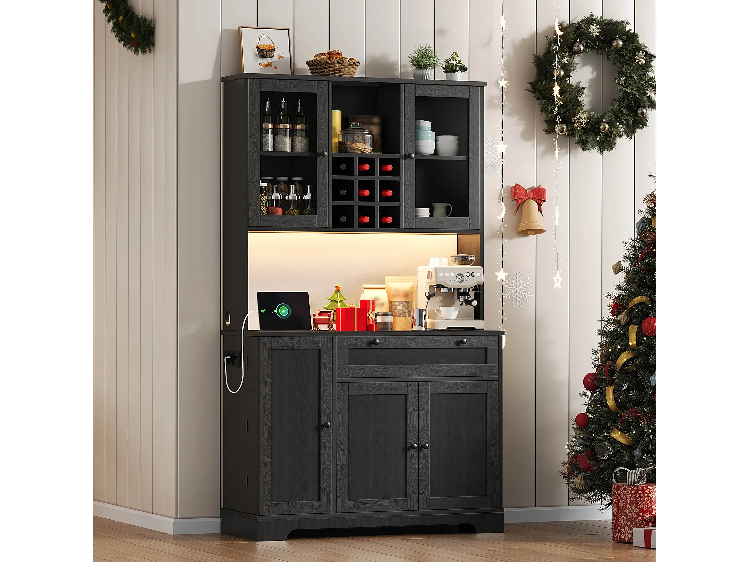 Modernes Küchenbuffet 100x40x180cm - mit Steckdose und LED - mit 1 Schublade und 5 Türen - mit Gewürzregal - Schwarz