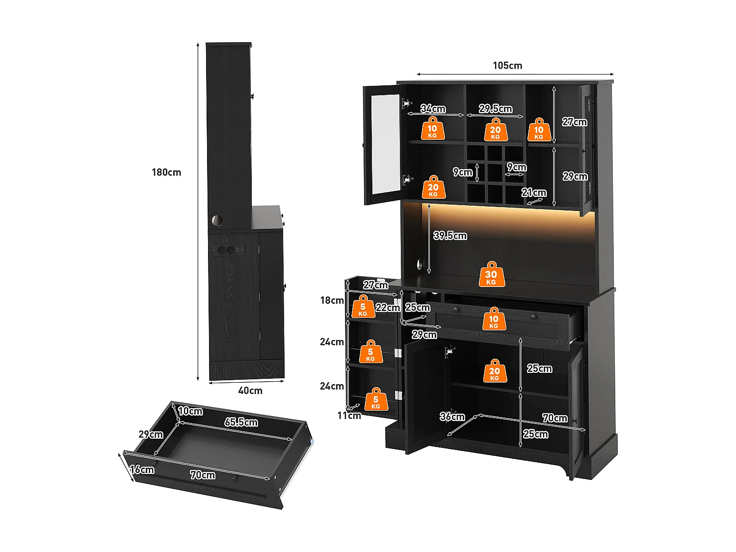 Modernes Küchenbuffet 100x40x180cm - mit Steckdose und LED - mit 1 Schublade und 5 Türen - mit Gewürzregal - Schwarz