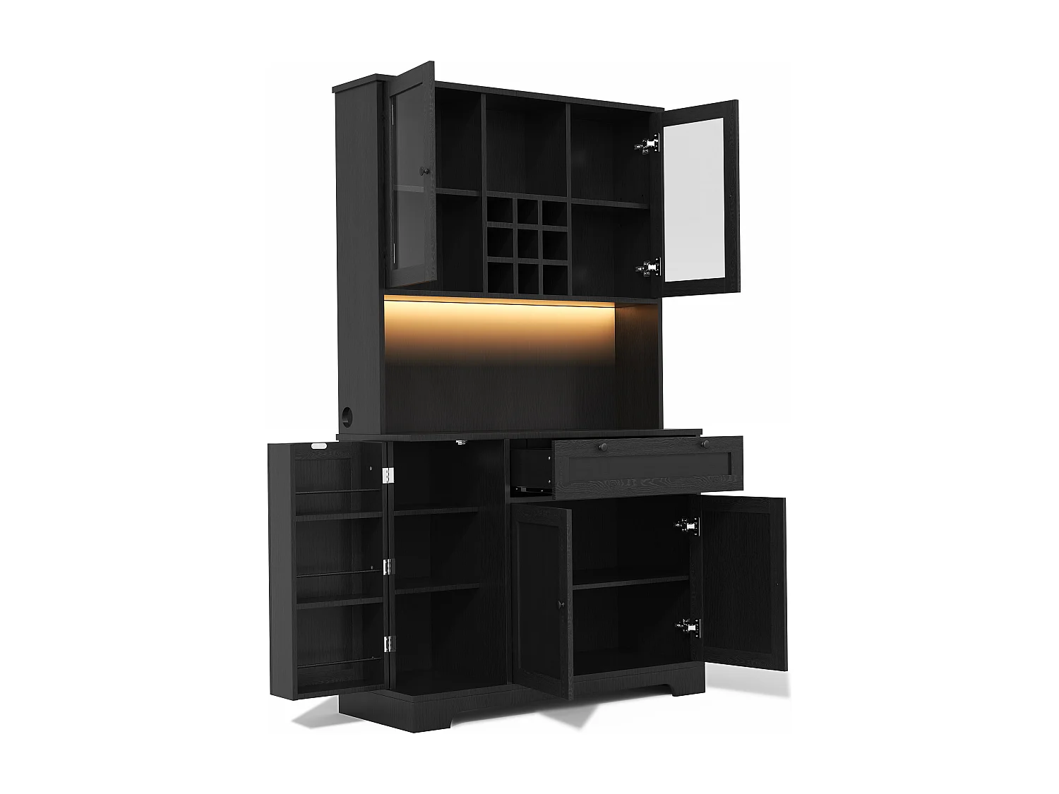 Modernes Küchenbuffet 100x40x180cm - mit Steckdose und LED - mit 1 Schublade und 5 Türen - mit Gewürzregal - Schwarz