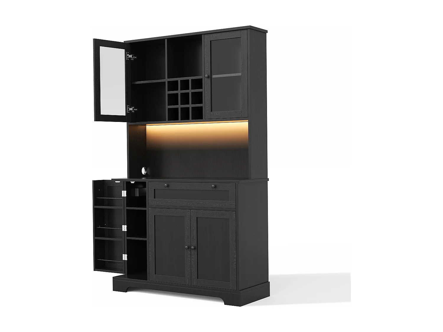 Modernes Küchenbuffet 100x40x180cm - mit Steckdose und LED - mit 1 Schublade und 5 Türen - mit Gewürzregal - Schwarz